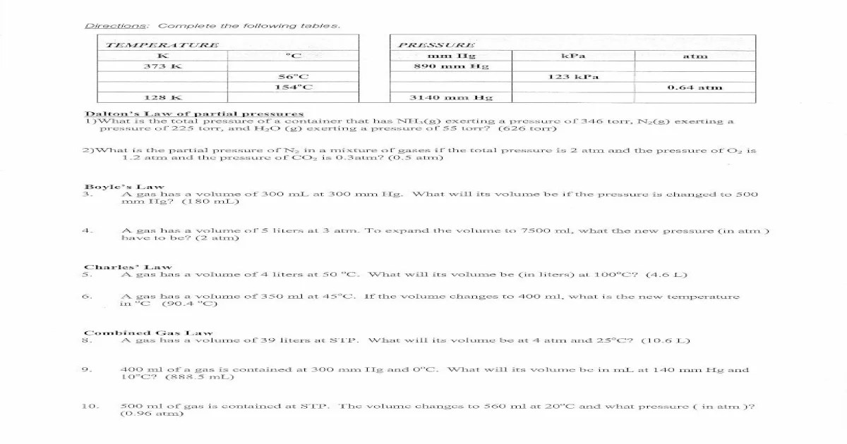 Daltons law of partial pressures worksheet